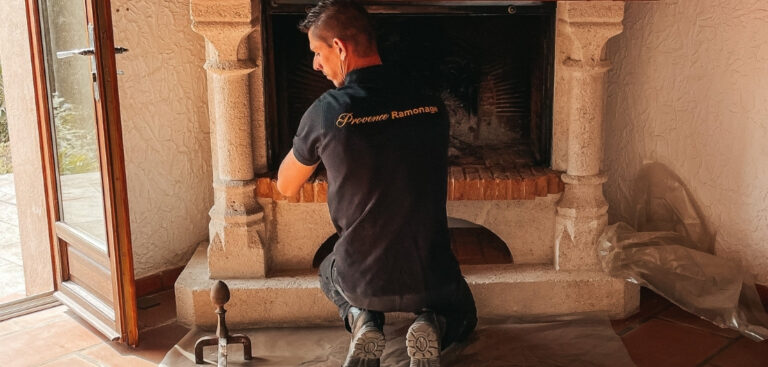 Technicien de Provence Ramonage préparant une cheminée rustique en pierre pour une intervention de ramonage.